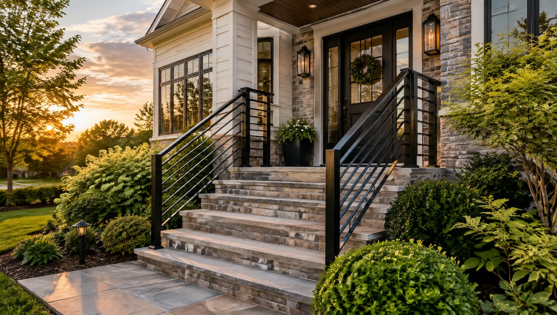 Black metal stair railings on a stone entrance in Wayne, NJ